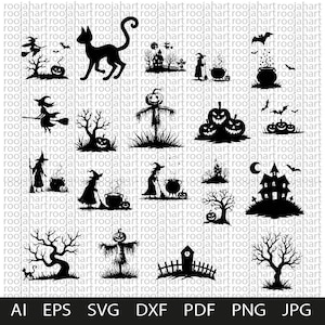 Halloween SVG-Bundle, Schwarz weiß Clipart, Flache Design-Elemente, Hexen-Silhouetten, Gruselige Symbole, Printable Decor, Horror-Grafiken