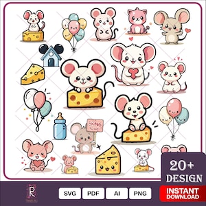 Kawaii Mouse PNG Bundle – Adorable Mouse Designs for Kids, T-Shirts, Stickers, Invitations, and More