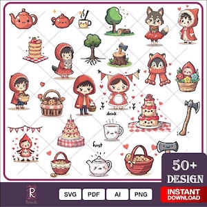 Kawaii Little Red Riding Hood PNG Bundle – Adorable Red Riding Hood Designs for Kids, T-Shirts, Stickers, Invitations, and More