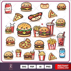 Kawaii Cute Junk food PNG bundle Sweet and Adorable Kawaii Cute Junk Food with Fun and Playful Illustrations Digital Crafts, Invitations,