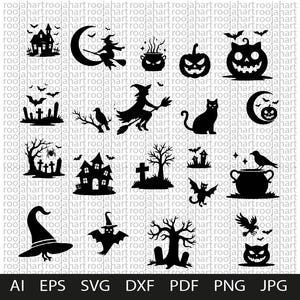 Halloween Silhouette SVG Bundle for Cricut - Ghosts, Witches, Bats, Pumpkins, and Creepy Faces, Spooky Halloween & More