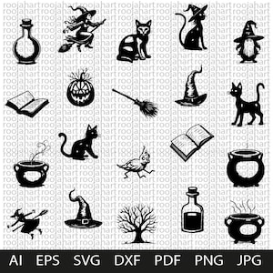 Witchy Halloween Illustration– Magical Witch Elements, halloween,witch,SVG,bundle,magic,cauldron,broom,cat,potion,spell,moon,stars,hat