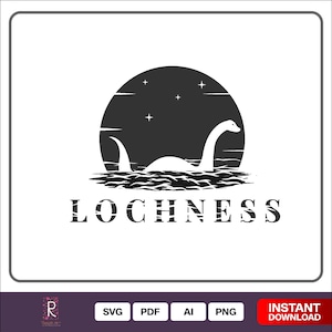 Loch Ness Monster Illustration - Simple Flat Vector Design of Nessie on Sea at Night - Unique Wall Art & Digital print