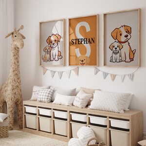 Custom Cute Cartoon Baby Dog Wall Art Set of 3 Prints Personalized Name Puppy Nursery Decor Kids Room Digital Printable Animal Art