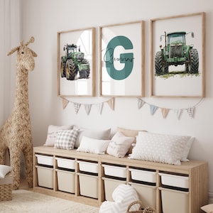Juego de 3 impresiones de arte de pared de tractor personalizado, decoración de guardería de granja con nombre personalizado, imprimible para habitación de bebé niño, descarga digital de granja verde