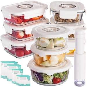 Glass Vacuum Sealable Container Set for Food Storage, 9 Pieces, 6 Sizes, with Hand Vacuum Pump and 10 Vacuum Sealable Bags