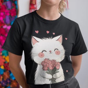Cute Cat Shirt, Cat Lovers T-shirt, Funny Cat Tee, Cute Cat With Flower T-Shirt, Cat Mom Gift, Cat Dad Gift, Cat Lover Gift, Valentine&#39;s Day