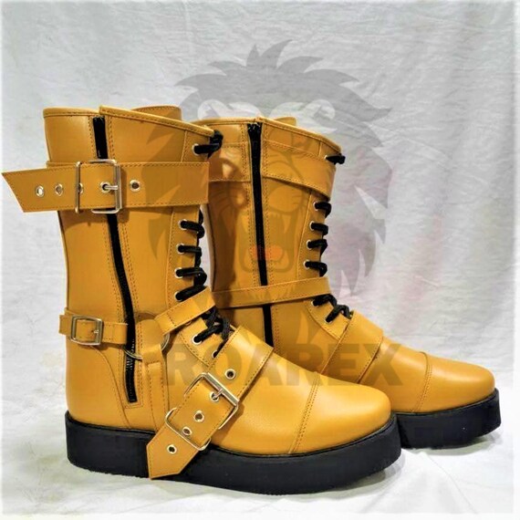 Halloween Yellow Gothic Combat Boots, Punk Cosplay Steampunk