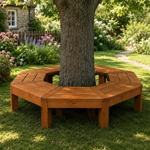 May include: A hexagonal wooden tree bench constructed from smooth, medium-brown planks. The bench features a continuous seat design that encircles the trunk of a large tree, supported by sturdy vertical legs at each corner of the structure.