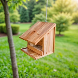 May include: A wooden bird feeder with a slanted roof and a platform for birds to perch on. The feeder is hanging from a string and is in front of a blurred background of green grass and trees.