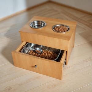 Könnte beinhalten: Eine Futterstation aus Holz mit zwei Edelstahlschalen und einer Schublade zur Aufbewahrung. Die Schalen sind mit Trockenfutter gefüllt.