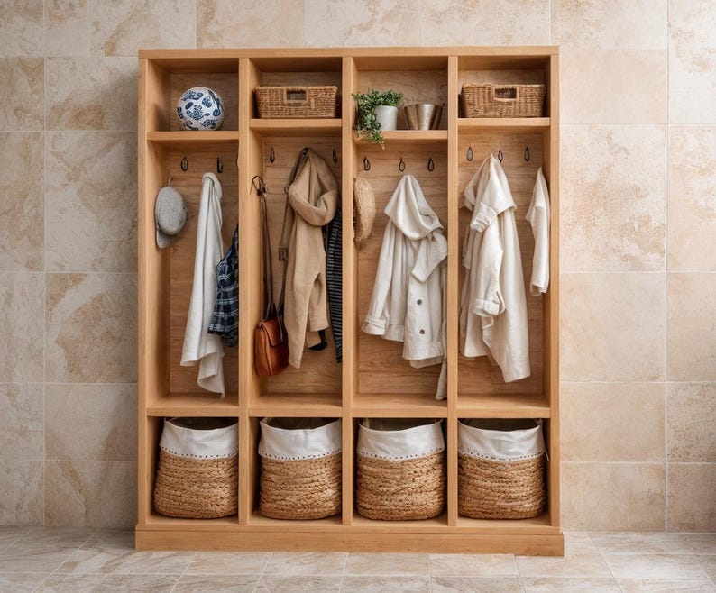 May include: A wooden entryway organizer with multiple compartments. It features hooks for hanging coats and hats, baskets for storage, and shelves for decorative items. The organizer is made of light-colored wood and is set against a neutral-toned tiled wall.
