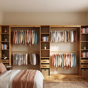 Puede incluir: Un armario de madera con estantes, cajones y barras para colgar ropa llenas de ropa. El armario está empotrado en la pared y tiene una cama con almohadas y una manta delante. Libros y objetos decorativos están en los estantes.