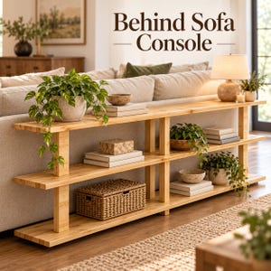 Può includere: Una lunga console in legno a tre livelli con una finitura naturale chiara, posizionata dietro un divano. I ripiani ospitano varie piante verdi in vaso, libri impilati, un cesto portaoggetti intrecciato e una lampada da tavolo.