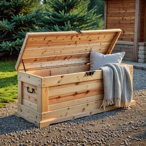 Può includere: Un baule in legno con coperchio incernierato, aperto per rivelare un cuscino grigio e una coperta grigia piegata. Il baule è realizzato in legno chiaro e ha un fermo e una maniglia in metallo nero. Il baule è all'aperto su una superficie di ghiaia.