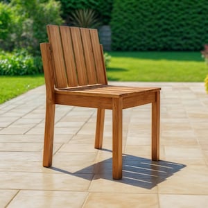 Puede incluir: Una silla de madera con respaldo y asiento de listones. La silla está hecha de madera natural y tiene un aspecto rústico. Está situada en un patio.
