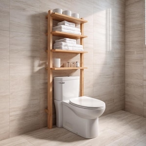 Puede incluir: Un inodoro blanco con una estantería de madera encima. Los estantes contienen toallas blancas, rollos de papel higiénico y pequeños frascos de vidrio. El baño tiene paredes de azulejos de color claro y una ventana con persianas.