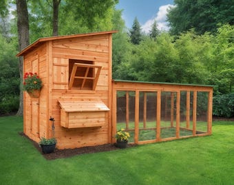 Puede incluir: Un gallinero de madera con una caja de anidación y un corral cercado. El gallinero tiene un techo verde y una pequeña ventana. El corral está hecho de malla de alambre y tiene un marco de madera.
