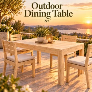 Op de afbeelding: Een lichtgekleurde houten eettafel voor buiten met vier bijpassende stoelen voorzien van beige zitkussens. De tafel is rechthoekig met rechte poten en staat op een stenen terras. De tekst Outdoor Dining Table is bovenaan zichtbaar.