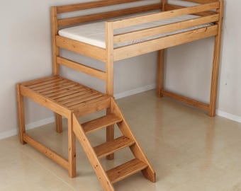 Projeto de cama alta infantil com escada em madeira, beliche de solteiro faça você mesmo em PDF, projetos de móveis para quarto para iniciantes, download instantâneo