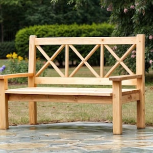 May include: A wooden bench with a slatted back and a criss-cross design. The bench is made of natural wood and has a rustic look.