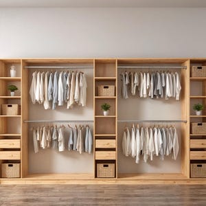 May include: A large, light-colored wooden closet with multiple shelves, drawers, and hanging rods. The closet is filled with various clothing items, baskets, and small potted plants. The design is minimalist and modern, with a focus on storage and organization.