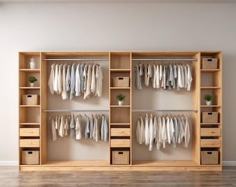 May include: A large, light-colored wooden closet with multiple shelves, drawers, and hanging rods. The closet is filled with various clothing items, baskets, and small potted plants. The design is minimalist and modern, with a focus on storage and organization.