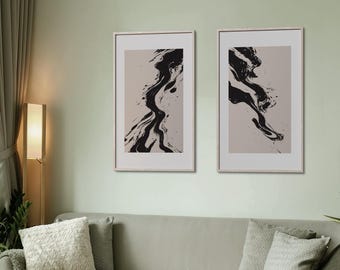 Set of 2 Black Ink Abstract Prints, Japandi Brush Stroke Wall Decor, Instant Download