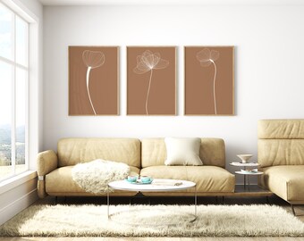 Set of 3 Floral Line Art Prints, Terracotta Botanical Wall Decor, Instant Download