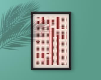 Red Grid Line Pattern Printable, Minimalist Geometric Wall Decor, Instant Download