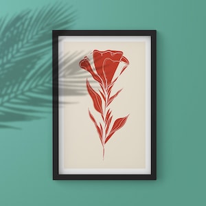 Minimalist Red Flower Line Art Print: Modern Botanical Wall Decor (Digital Download)