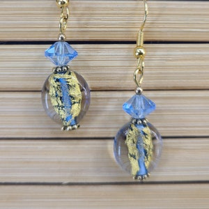 Sky Blue Lampwork with Gold Leaf and Swarovski Crystal Earrings Magical Fire