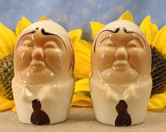 Vintage Bald Man Salt and Pepper Shakers Hand Painted Magical Fire