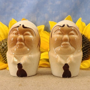 Vintage Bald Man Salt and Pepper Shakers Hand Painted Magical Fire image 1