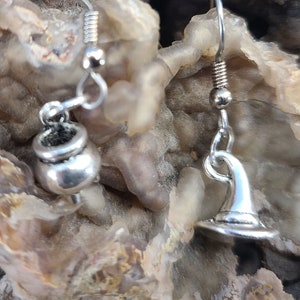 Asymmetric Whimsical Witch Hat and Cauldron Earrings Pagan, Wiccan Magical Fire