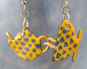 Cute Enamel and Hearts Teapot and Teacup Asymmetric Earrings by Magical Fire