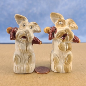 Vintage Scottie Dogs (Schnauzers? Terriers?) Holding Sausage Japan Salt and Pepper Shakers Hand Painted Magical Fire
