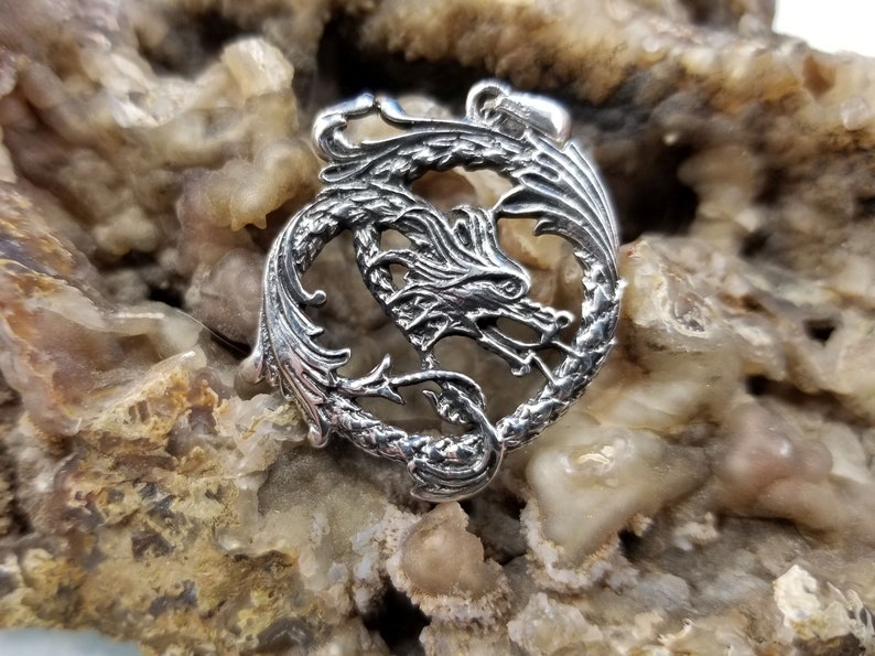 Sterling Silver Round Dragon Pendant Magical Fire image 1