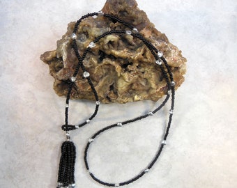 Striking Silver & Black Beaded Heart Tassel Lariat by Magical Fire