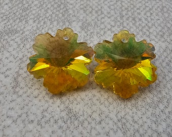 Set of 2 Sparkly Iridescent Golden Crystal Snowflakes Magical Fire