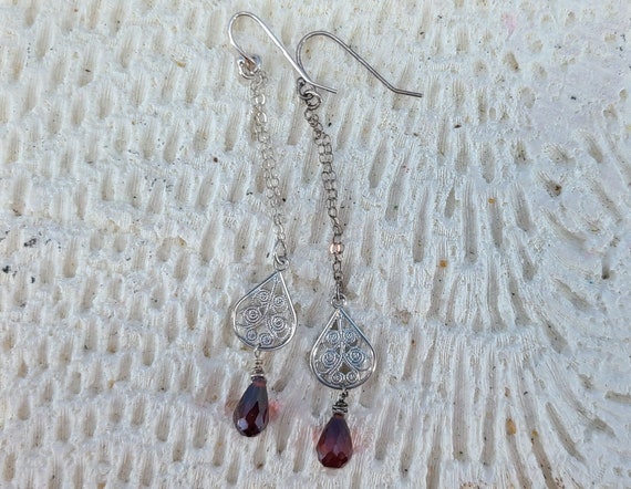 Long Sterling and Garnet Teardrop Earrings Magica… - image 4