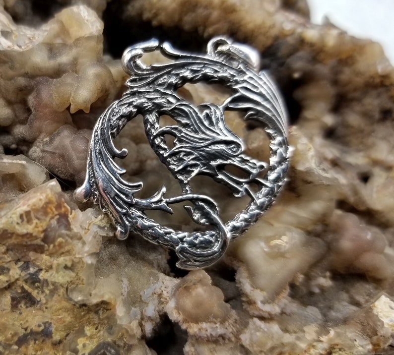Sterling Silver Round Dragon Pendant Magical Fire image 3