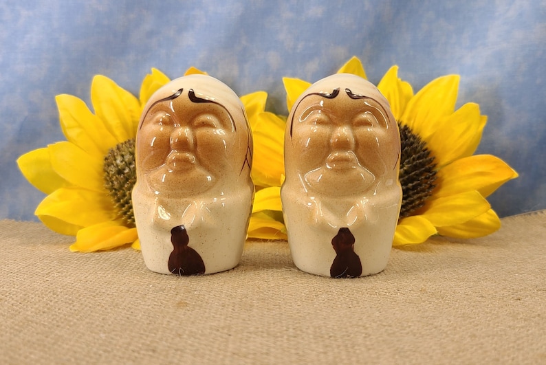 Vintage Bald Man Salt and Pepper Shakers Hand Painted Magical Fire image 1