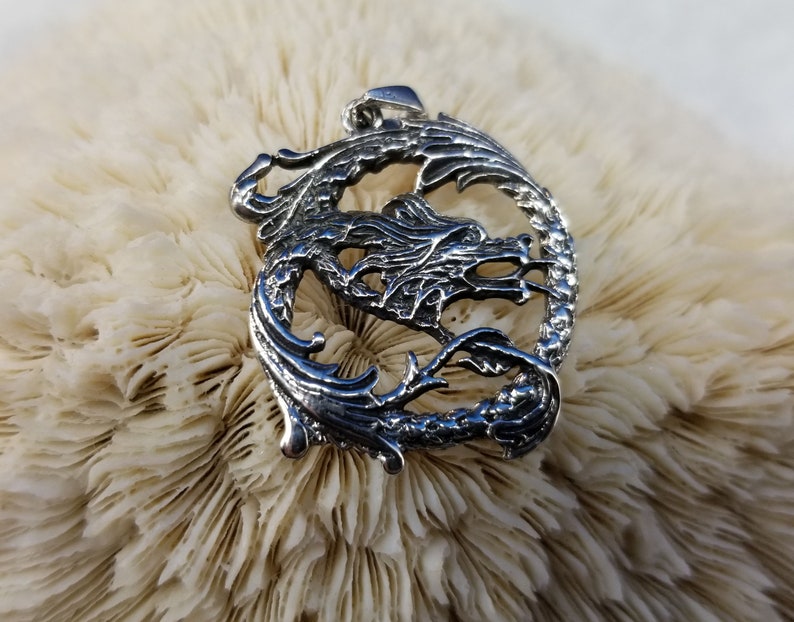 Sterling Silver Round Dragon Pendant Magical Fire image 2