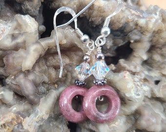 Sterling, Rhodonite and Swarovski Circle of Life Earrings Magical Fire