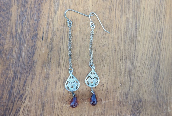 Long Sterling and Garnet Teardrop Earrings Magica… - image 6