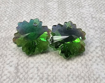 Set of 2 Sparkly Iridescent AB Green Crystal Snowflakes Magical Fire