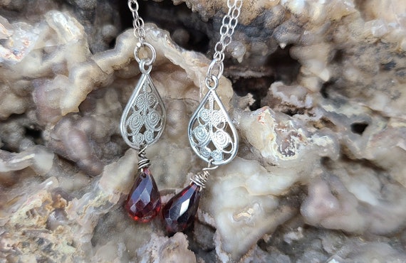 Long Sterling and Garnet Teardrop Earrings Magica… - image 1