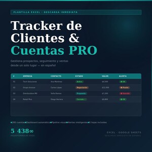 Pode incluir: Um modelo digital de Excel intitulado Tracker de Clientes & Cuentas PRO para gerir leads de vendas e contactos. A interface apresenta um fundo azul escuro com uma tabela que mostra nomes de empresas, contactos, estados e alertas.