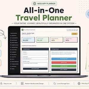 Peut inclure: Une interface de planificateur de voyage numérique affichée sur un écran d'ordinateur portable, intitulée All-in-One Travel Planner. Le tableau de bord présente un voyage à Tokyo, des indicateurs budgétaires et des paramètres de profil. Il inclut 15+ outils de voyage, une budgétisation dynamique et un accès hors ligne, avec une mise en page claire.